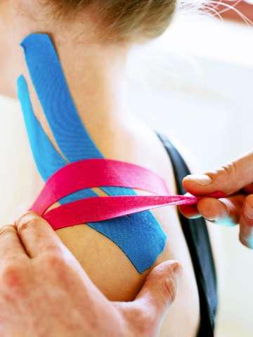 Rehabilitation tape applied to neck